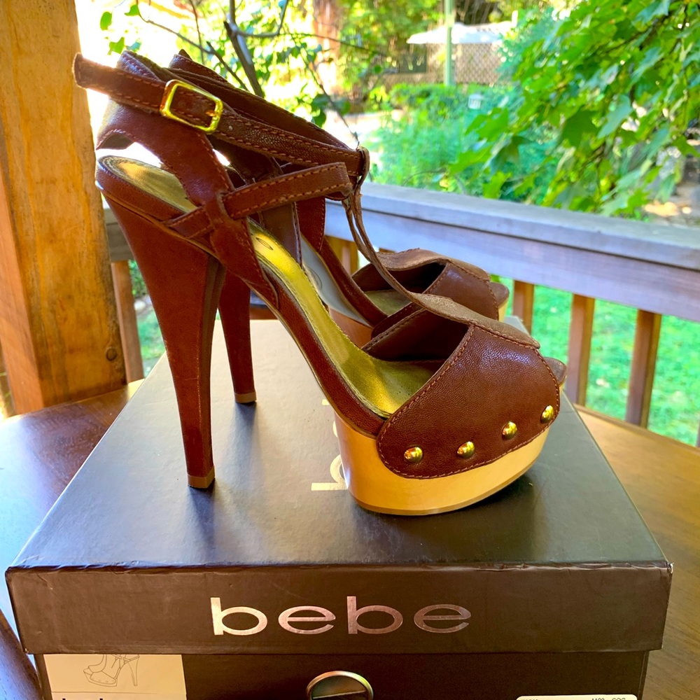 Bebe platform stilettos in rich cognac with gold studs & ankle clasp. In box.